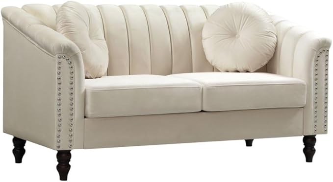 60" Loveseat Sofa, Microfiber Chesterfield Upholstered Sofas Love Seat, Couch Chair Sets with Style Button Tufted, Scroll Arms and Nailhead for Living Room, Office, White
