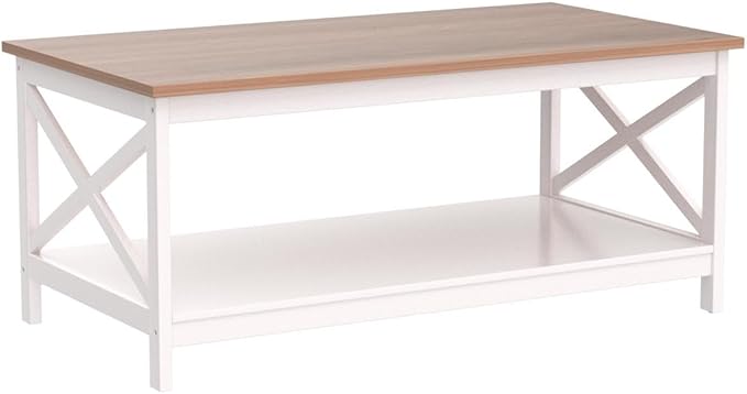 PHI VILLA Farmhouse Coffee Table for Living Room, White Coffee Tables with Storage Rustic Style Modern