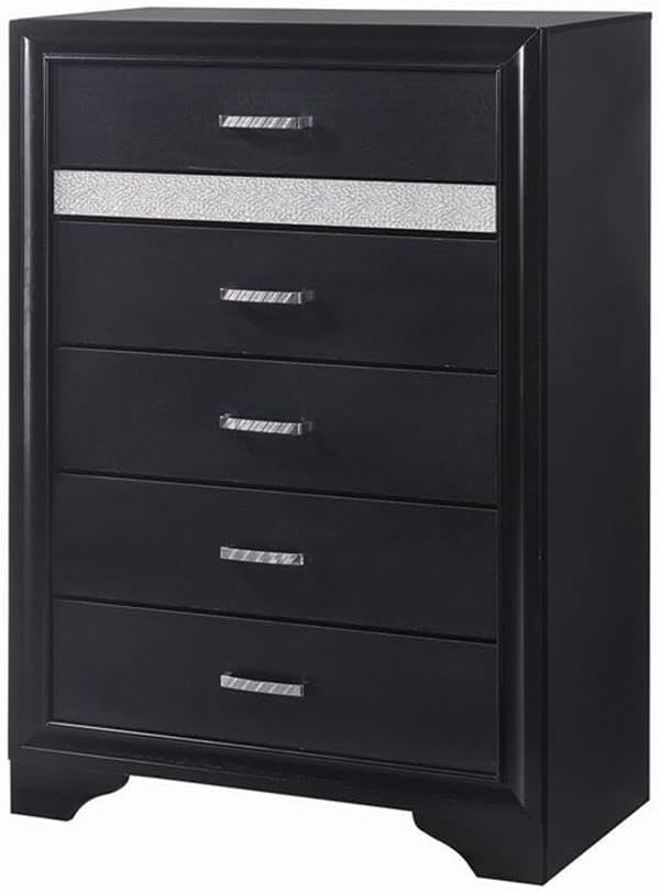 Maklaine 5-Piece Queen Platform Storage Bedroom Set, Solid Asian Hardwood, Black Finish, Bed with Footboard Storage, Nightstand, Dresser, Mirror, Chest, Contemporary Glam Style, Hidden Jewelry Drawers