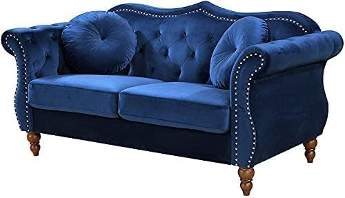 Anna1 Chesterfield Velvet Couches for Living Room, Button Tufted Luxury Upholstery with Rolled Arms, High-Density Foam, Durable Wood Frame, 65.5" Loveseat, Blue