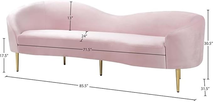 Meridian Furniture Ritz Collection Modern | Contemporary Velvet Upholstered Sofa With Sturdy Metal Legs in Rich Gold Finish, Pink, 85.5" W x 31.75" D x 30.5" H