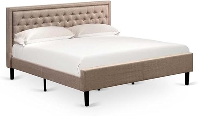 East West Furniture KD16K-1GA0C 2 Piece Bedroom Set-1 King Bed Frame Brown Linen Fabric Padded and Button Tufted Headboard with 1 Wood Wire Brushed Butter Cream Finish Nightstand