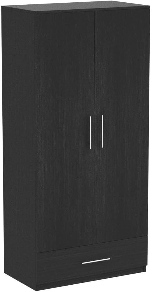 AIEGLE 2 Doors Wardrobe Armoire with Drawer, Freestanding Armoire Wardrobe Closet with Hanging Rod, Bedroom Wood Clothes Storage Cabinet Organizer in Black(31.5" W x 18.9" D x 66.9" H)