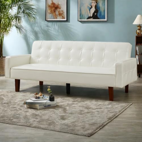 Modern PU Leather 3-Seat Couch, Adjustable Backrest Convertable Sofa, Sleek Minimalist Fold Out Couch Loveseat with Armrests, Sofa for Living Room Home Office Spaces, White
