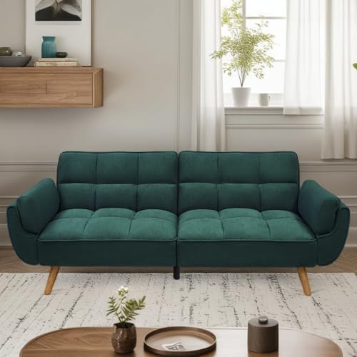 Convertible Futon Sofa Bed, Modern Futon Couch with 2 Pillows, Small Futons Couch with Adjustable Armrest & Backrest, Loveseat Sofa Bed for Living Room, Bedroom, Green