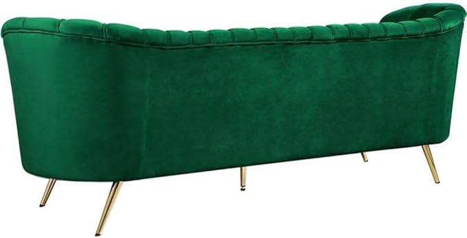 Meridian Furniture Margo Collection Modern | Contemporary Velvet Upholstered Sofa with Deep Channel Tufting and Rich Gold Stainless Steel Legs, Green, 88" W x 30" D x 33" H