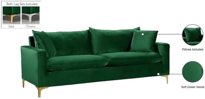 Meridian Furniture Naomi Collection Modern | Contemporary Green Velvet Upholstered Sofa with Stainless Steel Base in a Rich Gold or Chrome Finish, 81.5" W x 33.5" D x 30" H (633Green-S)