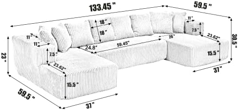 133" Oversized U-Shaped Modular Sectional Sofa, No Assembly Required Floor Couch, Memory Foam Cloud Sofa with 10 Lumbar Pillows, Corduroy Upholstery | Breathable material, Non-Slip, Wider Armrest