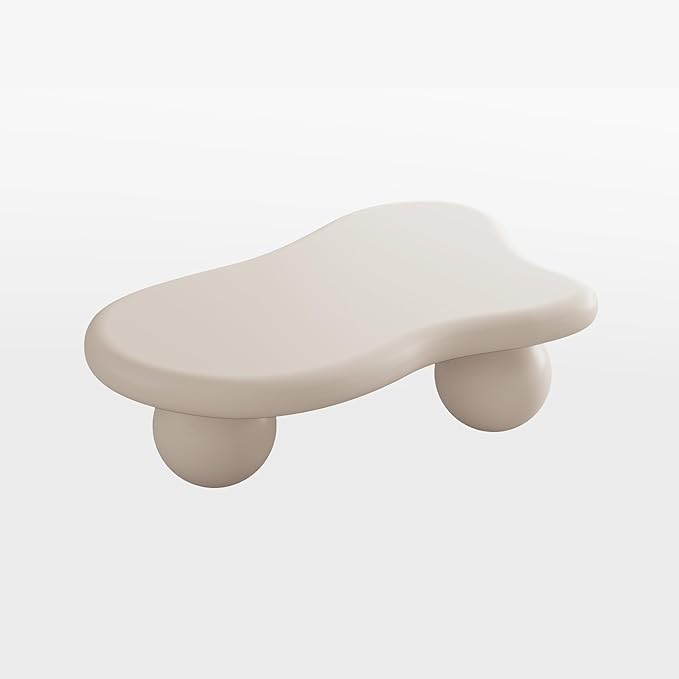 40” Cloud Coffee Table with 3 Ball Legs, Modern Irregular Center Table for Living Room, Low Cute Small MDF Tea Table for Bedroom, Space Apartment Cream White