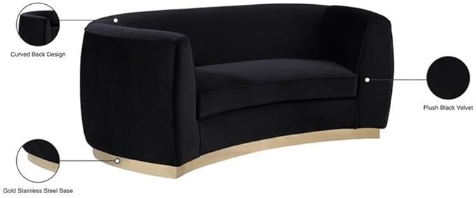 Meridian Furniture Julian Collection Modern | Contemporary Velvet Upholstered Loveseat with Stainless Steel Base in Rich Gold Finish, Black, 70" W x 34" D x 28" H