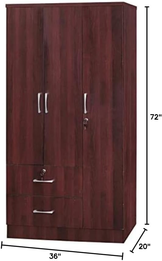 Pemberly Row Modern 2 Drawer Wooden Wardrobe Armoire Closet, Mahogany Finish, 72" H x 36" W x 20" D, Engineered Wood, Clothing Rod, Shelves, Soft-Close Doors, Bedroom Storage Solution