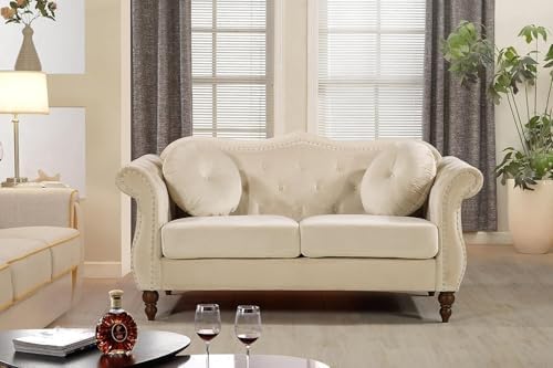 Anna1 Chesterfield Velvet Couches for Living Room, Button Tufted Luxury Upholstery with Rolled Arms, High-Density Foam, Durable Wood Frame, 65.5" Loveseat, Ivory