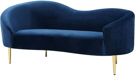 Meridian Furniture Ritz Collection Modern | Contemporary Velvet Upholstered Loveseat with Sturdy Metal Legs in Rich Gold Finish, Navy, 67" W x 31.75" D x 30.5" H