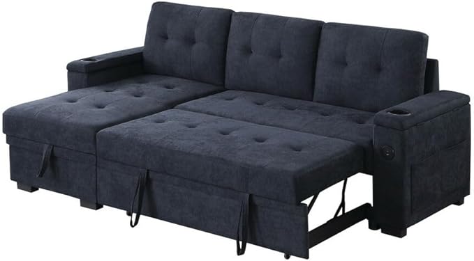 ERYE 84-Inch Multifunctional L-Shaped Sleeper Sectional Sofa with Reversible Storage Chaise, Tufted Corner Pull Out Sleeper Couch Bed W/Cupholders,USB-C Ports and Storage Armrests