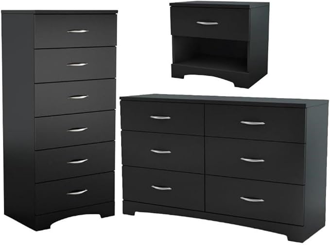 Home Square 3 Piece Modern Bedroom Furniture Set - 6 Drawer Black Dresser for Bedroom / 6 Tall Black Chest of Drawers for Bedroom/Black Nightstand with Drawer and Shelf