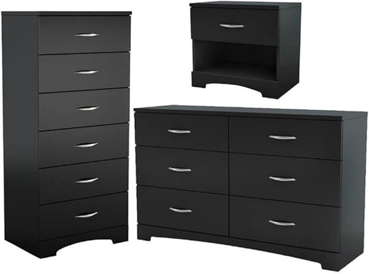 Home Square 3 Piece Modern Bedroom Furniture Set - 6 Drawer Black Dresser for Bedroom / 6 Tall Black Chest of Drawers for Bedroom/Black Nightstand with Drawer and Shelf
