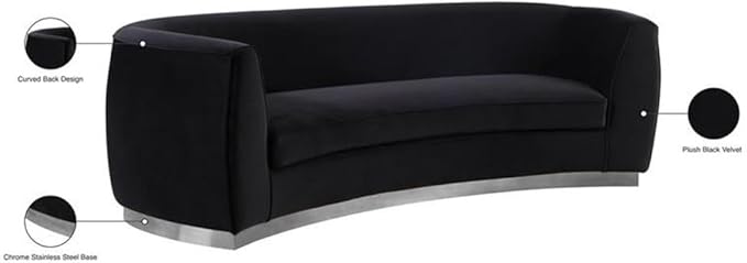 Meridian Furniture Julian Collection Modern | Contemporary Velvet Upholstered Sofa with Stainless Steel Base in Polished Chrome Finish, Black, 91.5" L x 36" D x 28" H