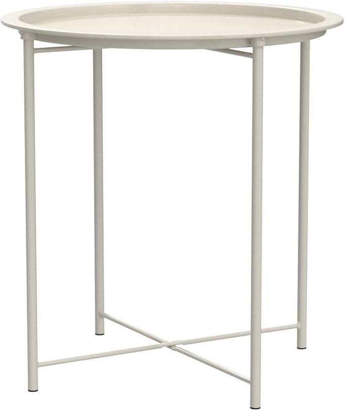 VECELO Side/End Table, Folding Round Metal Anti-Rust and Waterproof Outdoor or Indoor Tray for Living Room Bedroom Balcony and Office, 2 PCS, Beige - Image 5