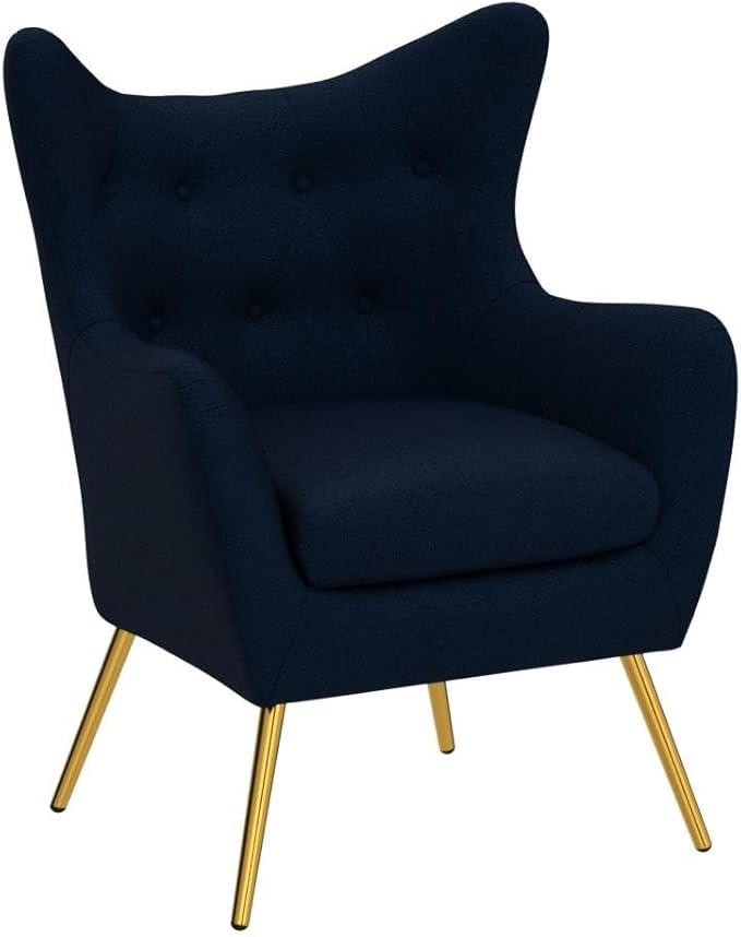 HULALA HOME Velvet Accent Chair Set of 2, Modern Wingback Arm Chair with Metal Gold Legs, Velvet Tufted Upholstered Single Sofa Chair (Navy)