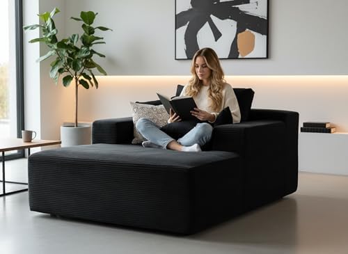Monroe Convertible Chaise Lounge Chair Indoor – Oversized Corduroy Couch with Wide Armrest & Throw Pillows, Cozy Boneless Sleeper Sofa Bed Armchair, Black