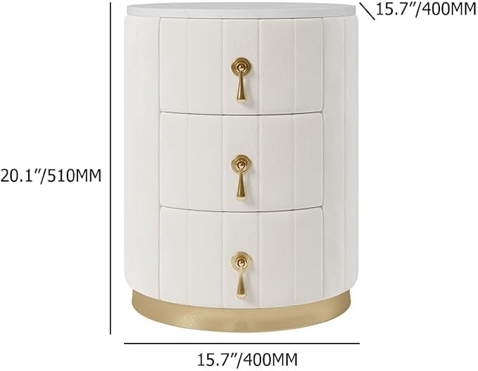 homary Velvet Nightstand with 3 Drawers, White Round Bedside Table with Sintered Stone Top, Modern Nightstand with Storage for Bedroom, End Table for Living Room - Image 2