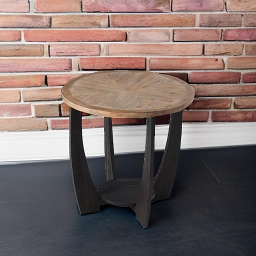 COZAYH Rustic Farmhouse End Table with Storage Shelf, French Country Modern Round Accent Side Table for Small Spaces, Wood Top & Black Base