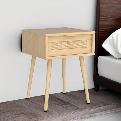 LAZZO Set of 2 Bedroom Nightstands Wooden Night Stands with Rattan Weaving Drawer Home Bedside End Table for Bedroom Storage - Image 8
