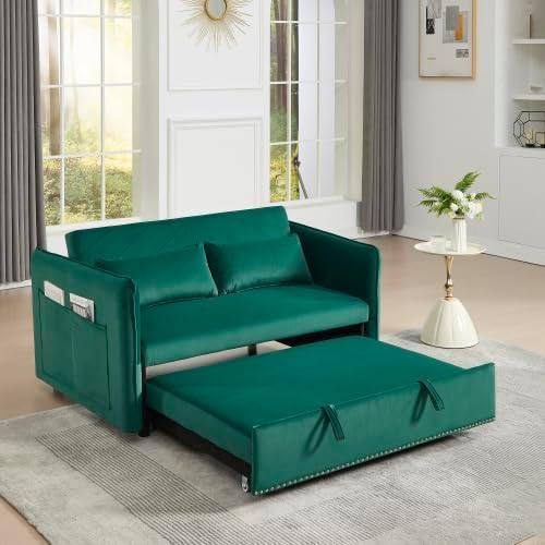 3 in 1 Sofa Bed, Convertible Pull Out Couch with Side Pockets, Velvet Fabric Loveseat Sleeper Sofa Bed, Pull Out Couch with Adjustable Backrest for Living Room, Bedroom, Apartment, Green