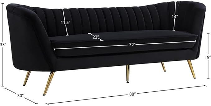 Meridian Furniture Margo Collection Modern | Contemporary Velvet Upholstered Sofa with Deep Channel Tufting and Rich Gold Stainless Steel Legs, Black, 88" W x 30" D x 33" H