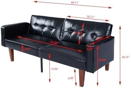 Adjustable Backrest Convertable Sofa, Modern PU Leather 2-Seat Futon Sofa, Convertible Faux Leather Sleeper Couch with Armrests, Couch for Living Room Home Office Spaces, Black