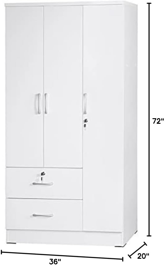 Pemberly Row Modern 2 Drawer Wooden Wardrobe Armoire Closet, White Finish, 72” H x 36” W x 20” D, Engineered Wood, Garment Rod, 3 Shelves, Silver Handles, Bedroom Storage Furniture