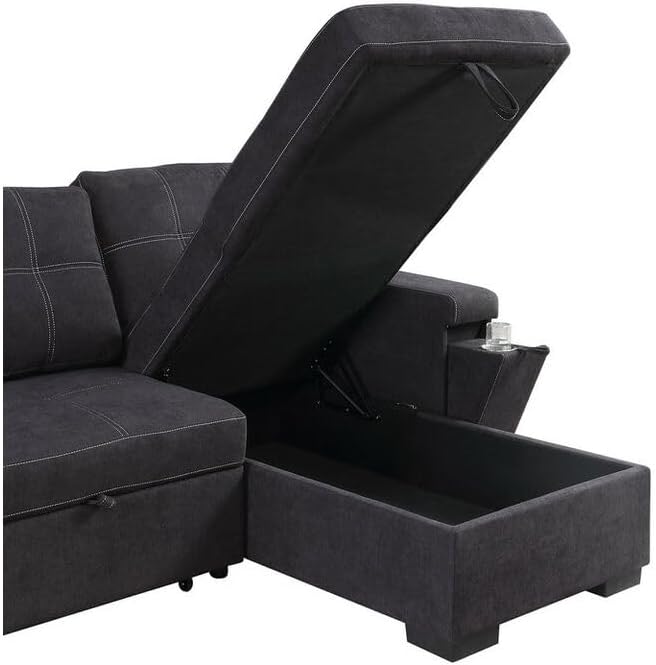 ERYE Modern Reversible Tufted Sleeper Sectional Sofa W/Pull Out Couch Bed and Storage Chaise, L-Shaped Woven Linen Fabric Upholstered Sofa&Couch Convertible Sofabed with Hidden Cupholders & USB Ports