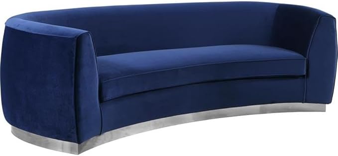 Meridian Furniture Julian Collection Modern | Contemporary Velvet Upholstered Sofa with Stainless Steel Base in Polished Chrome Finish, Navy, 91.5" W x 36" D x 28" H