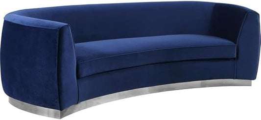 Meridian Furniture Julian Collection Modern | Contemporary Velvet Upholstered Sofa with Stainless Steel Base in Polished Chrome Finish, Navy, 91.5" W x 36" D x 28" H