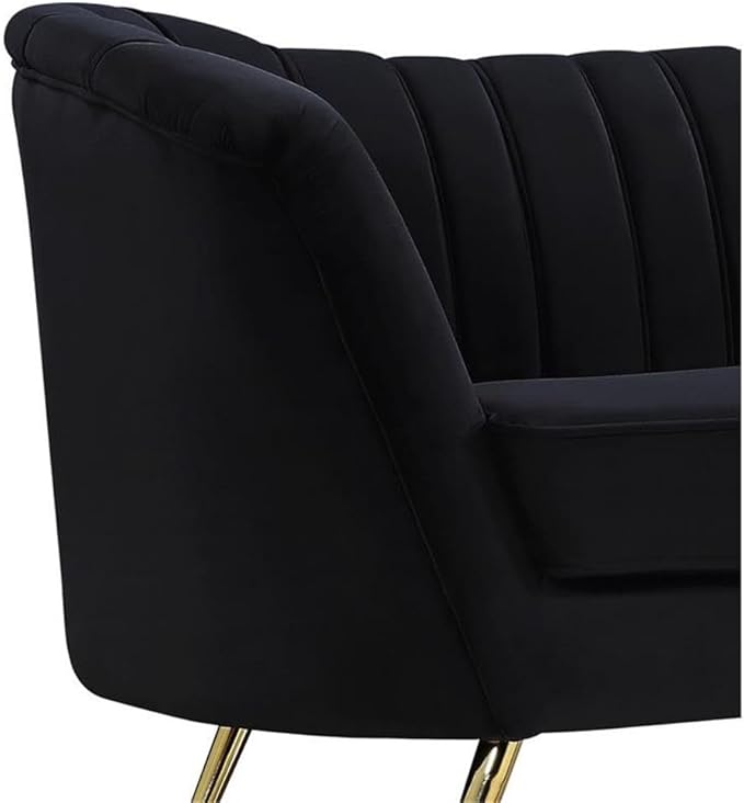 Meridian Furniture Margo Collection Modern | Contemporary Velvet Upholstered Sofa with Deep Channel Tufting and Rich Gold Stainless Steel Legs, Black, 88" W x 30" D x 33" H