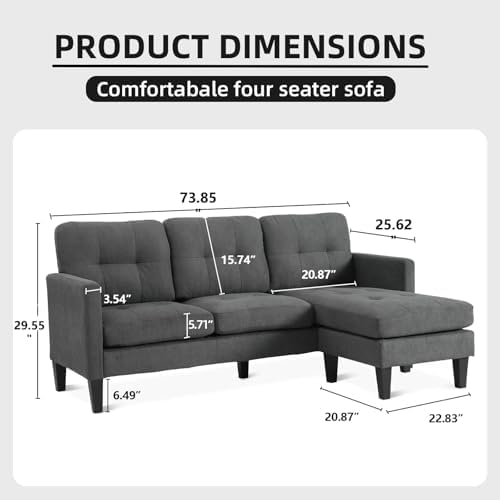 L Shaped Couch, Convertible Sleeper Sofa with Reversible Chaise, Sectional Couches with Storage Ottoman for Living Room, Comfy Couches with Reversible Chaise for Apartment, Dark Gray
