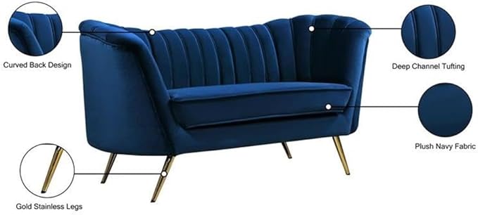 Meridian Furniture Margo Collection Modern | Contemporary Velvet Upholstered Loveseat with Deep Channel Tufting and Rich Gold Stainless Steel Legs, Navy, 65" W x 30" D x 33" H