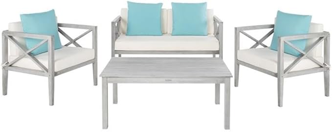 Safavieh PAT7031A Collection Nunzio Teak and White and Navy 4 Pc Accent Pillows Outdoor Set
