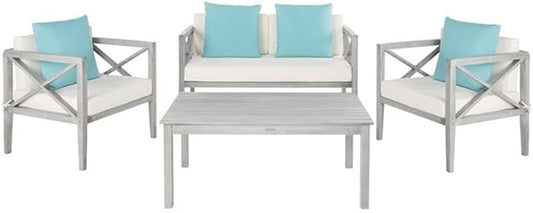 Safavieh PAT7031A Collection Nunzio Teak and White and Navy 4 Pc Accent Pillows Outdoor Set
