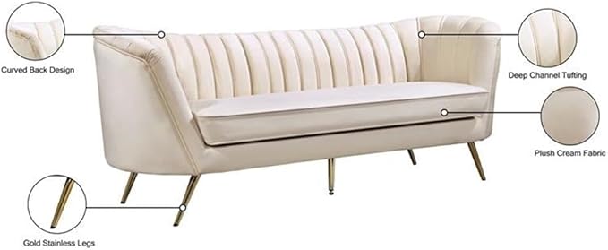 Meridian Furniture Margo Collection Modern | Contemporary Velvet Upholstered Sofa with Deep Channel Tufting and Rich Gold Stainless Steel Legs, Cream, 88" W x 30" D x 33" H
