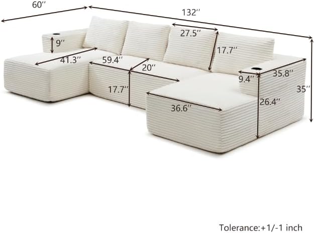 132-Inch U-Shaped Cloud Sectional Couch, Symmetrical Modular Compressed Boneless Sectional Sofa with Chaise Lounges, Plush Corduroy Boneless Corner Sofa W/Cupholders