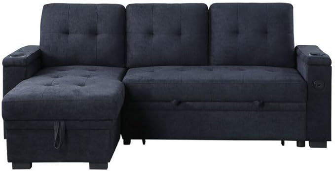 ERYE 84-Inch Multifunctional L-Shaped Sleeper Sectional Sofa with Reversible Storage Chaise, Tufted Corner Pull Out Sleeper Couch Bed W/Cupholders,USB-C Ports and Storage Armrests
