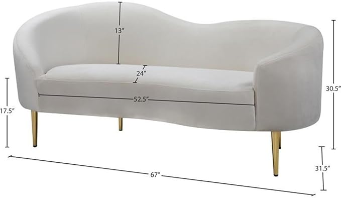 Meridian Furniture Ritz Collection Modern | Contemporary Velvet Upholstered Loveseat with Sturdy Metal Legs in Rich Gold Finish, Cream, 67" W x 31.75" D x 30.5" H