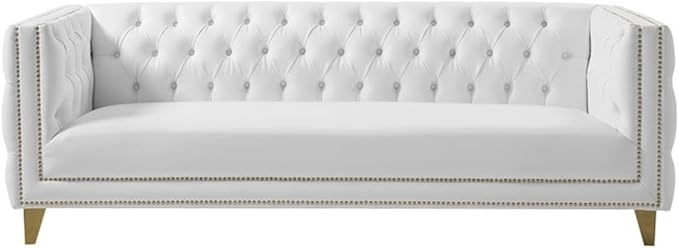 Meridian Furniture 651White-S Michelle Collection Modern | Contemporary Sofa with Deep Button Tufting, Gold Nailhead Trim and Sturdy Gold Iron Legs, White Vegan Leather, 90" W x 34" D x 30" H