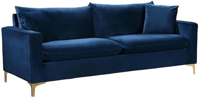 Meridian Furniture Naomi Collection Modern | Contemporary Navy Velvet Upholstered Sofa with Stainless Steel Base in a Rich Gold or Chrome Finish,