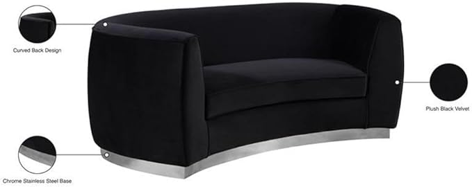 Meridian Furniture Julian Collection Modern | Contemporary Velvet Upholstered Loveseat with Stainless Steel Base in Polished Chrome Finish, Black, 70" W x 34" D x 28" H