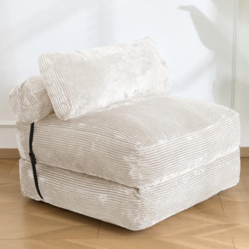 SHOUREN Folding Sofa Bed,Convertible Sleeper Chair Bed with Pillow,Foldable Futon Couch Mattress with Back Support,Portable Lazy Floor Sofa Lounger, Beige, Single
