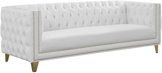 Meridian Furniture 651White-S Michelle Collection Modern | Contemporary Sofa with Deep Button Tufting, Gold Nailhead Trim and Sturdy Gold Iron Legs, White Vegan Leather, 90" W x 34" D x 30" H