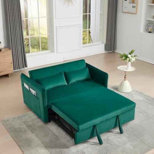3 in 1 Sofa Bed, Convertible Pull Out Couch with Side Pockets, Velvet Fabric Loveseat Sleeper Sofa Bed, Pull Out Couch with Adjustable Backrest for Living Room, Bedroom, Apartment, Green