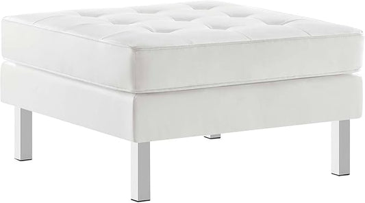 Modway Loft Tufted Button Faux Leather Upholstered Square Ottoman in Silver White
